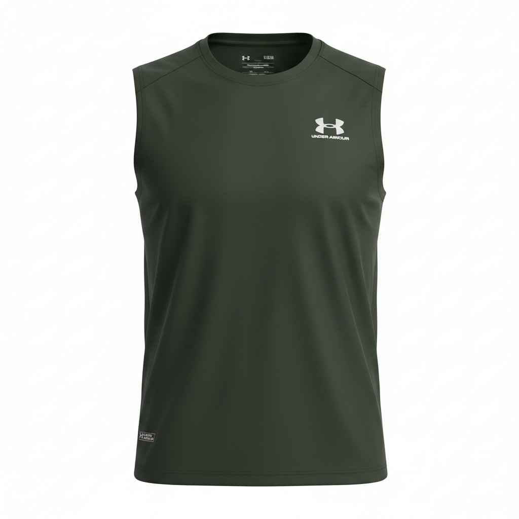 Under Armour army green sleeveless sport vest ghost mannequin view