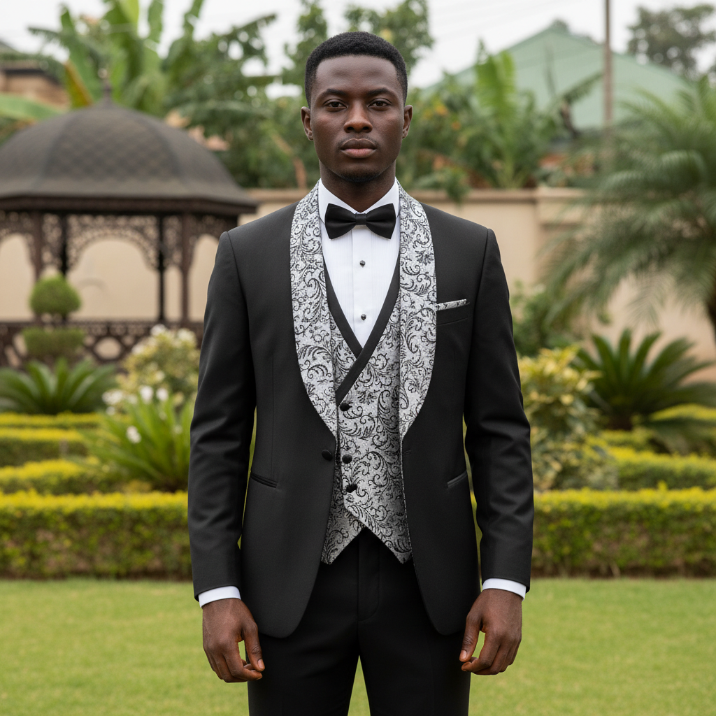 Nigerian male model wearing black tuxedo three-piece suit with silver baroque jacquard lapels and patterned waistcoat