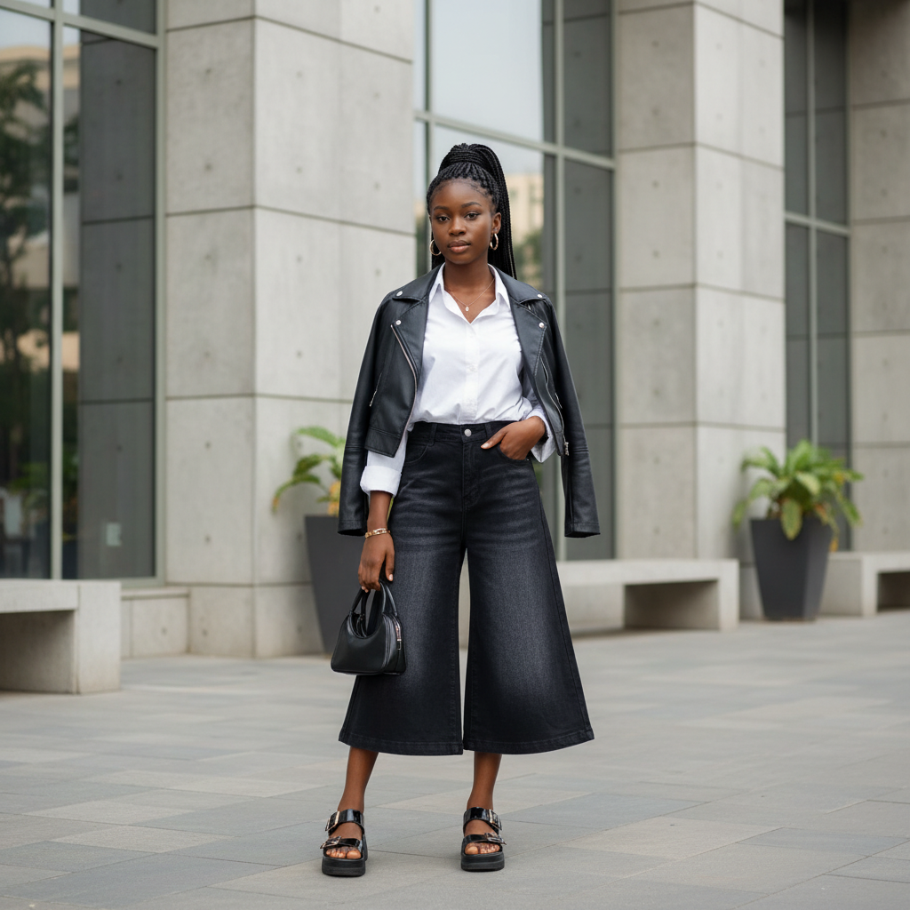Nigerian teenage girl model wearing high-waist washed black denim culottes