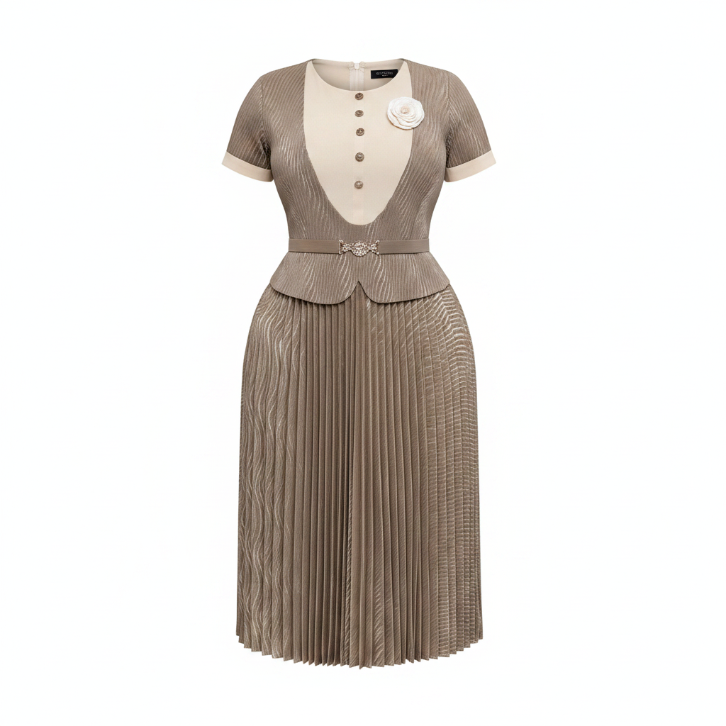 Women's taupe gold peplum pleated midi gown – ghost mannequin front view