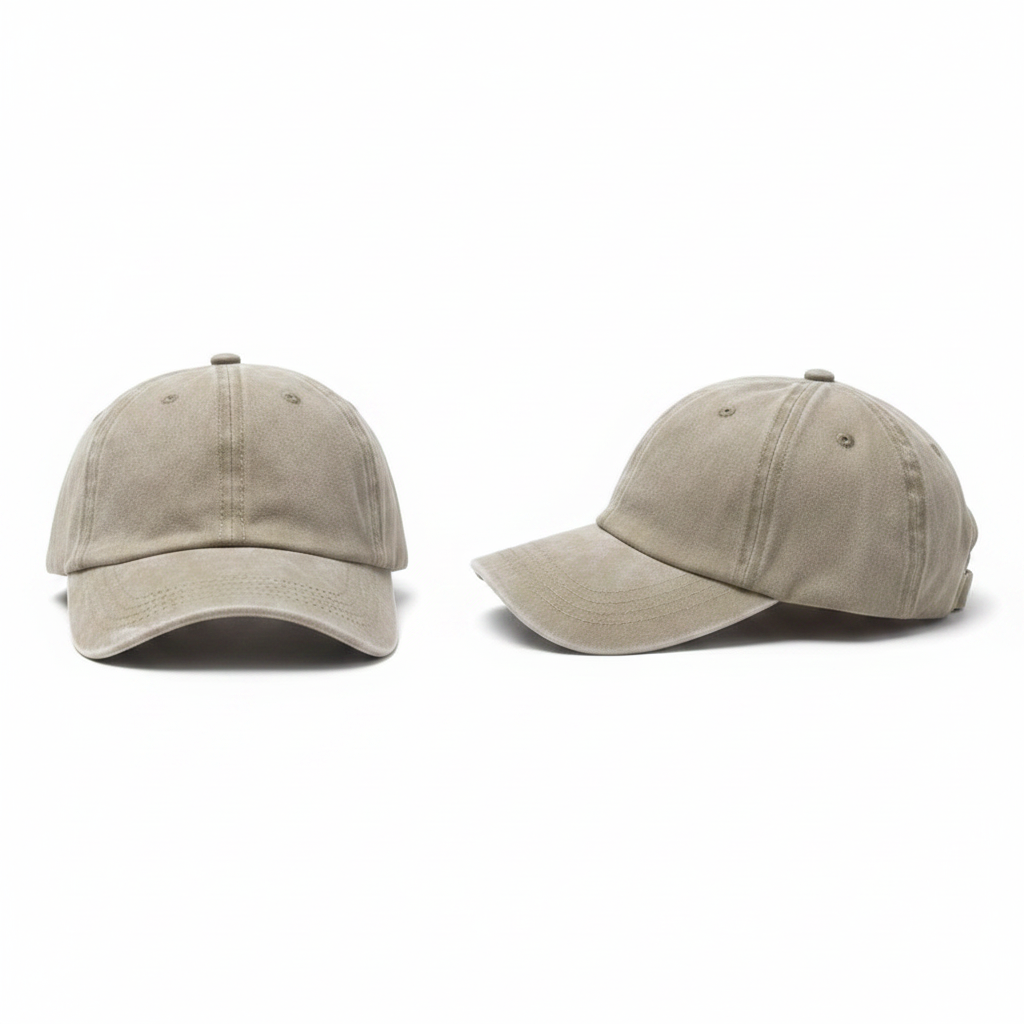 Plain washed light khaki beige baseball cap ghost mannequin front and side view