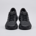 All-black tonal-stripe lace-up sneaker pair on a light grey background
