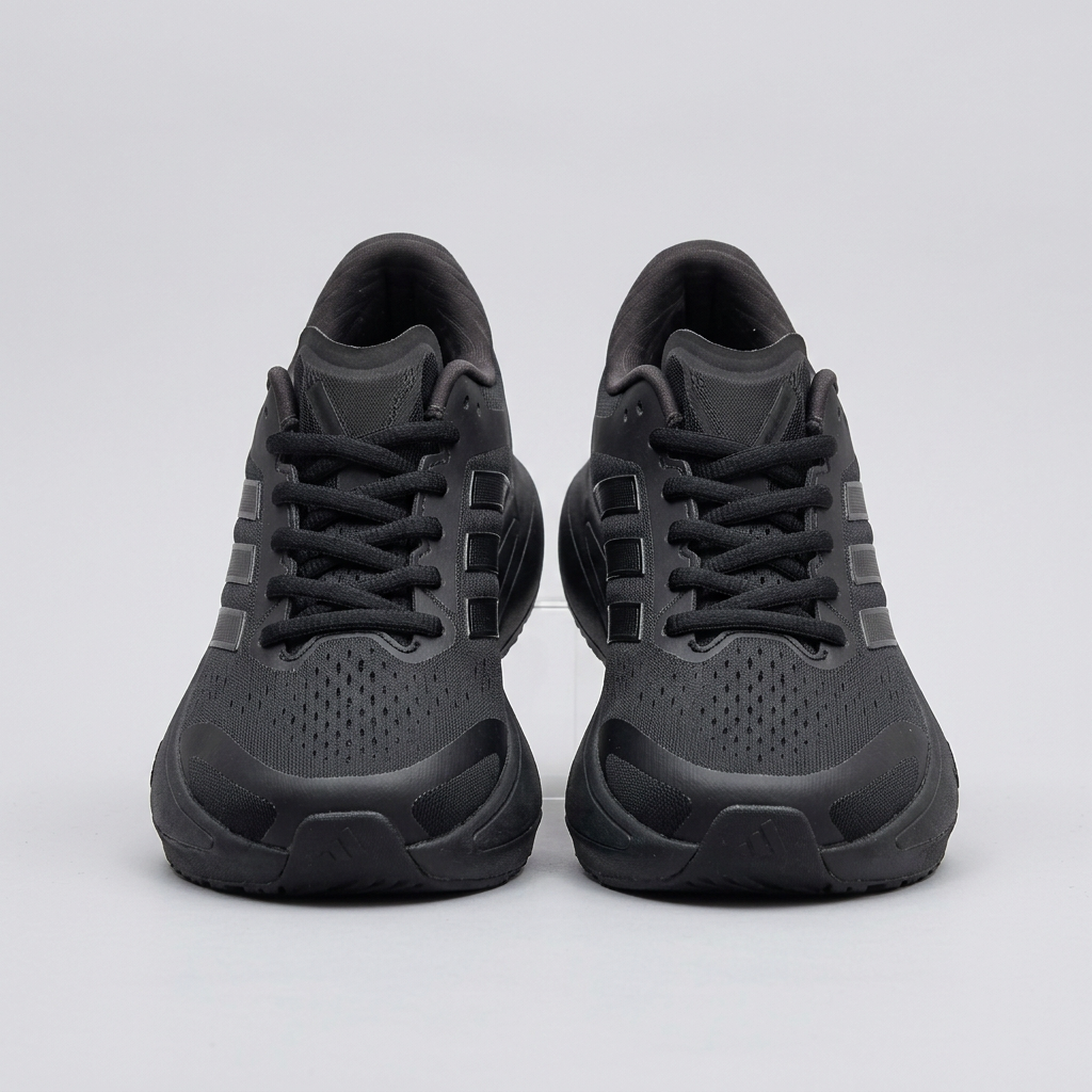 All-black tonal-stripe lace-up sneaker pair on a light grey background