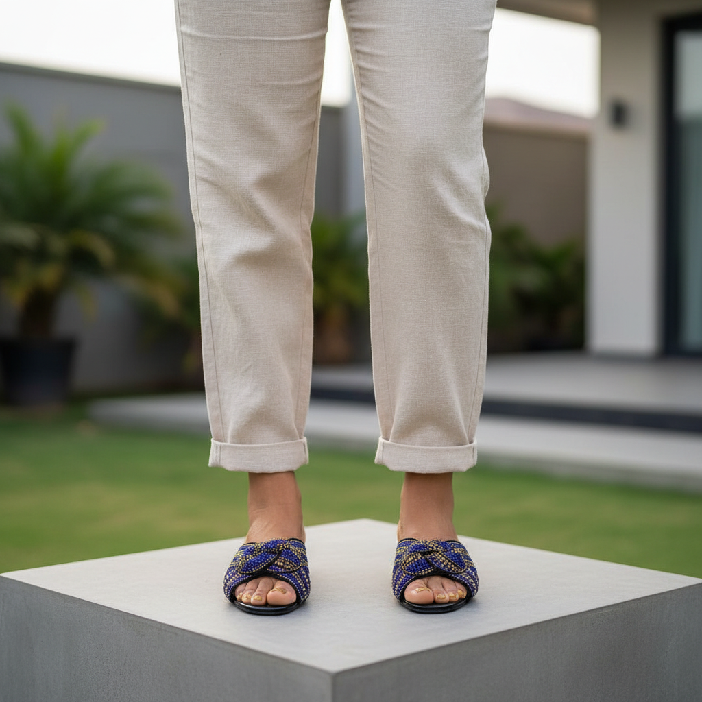 Nigerian female model leg-focused shot wearing gold and royal blue rhinestone crossover knot block heel mules, both feet visible