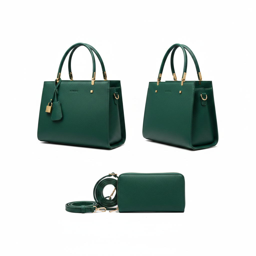 Emerald green pebbled leather handbag ghost mannequin front and side view with matching wallet and crossbody strap