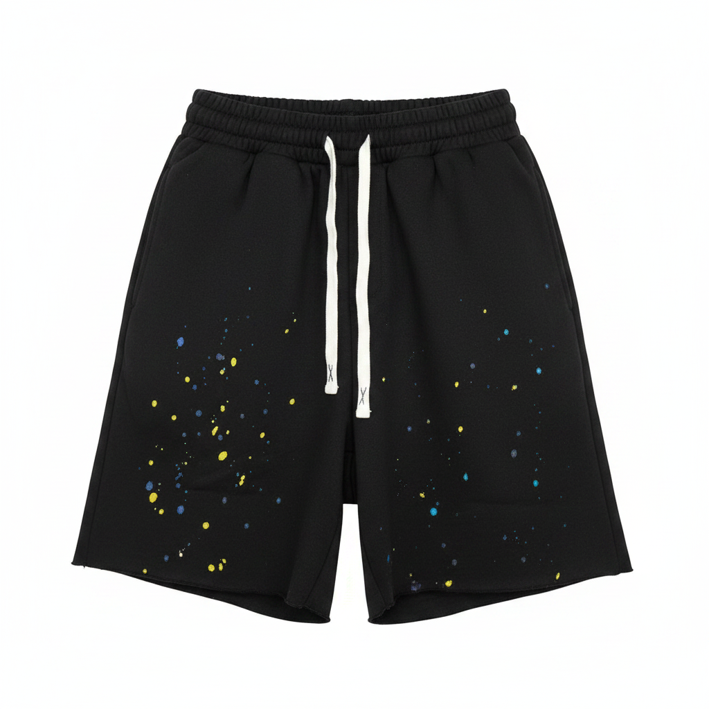 Ghost mannequin front view of black fleece drawstring shorts with multicolour paint splatter print