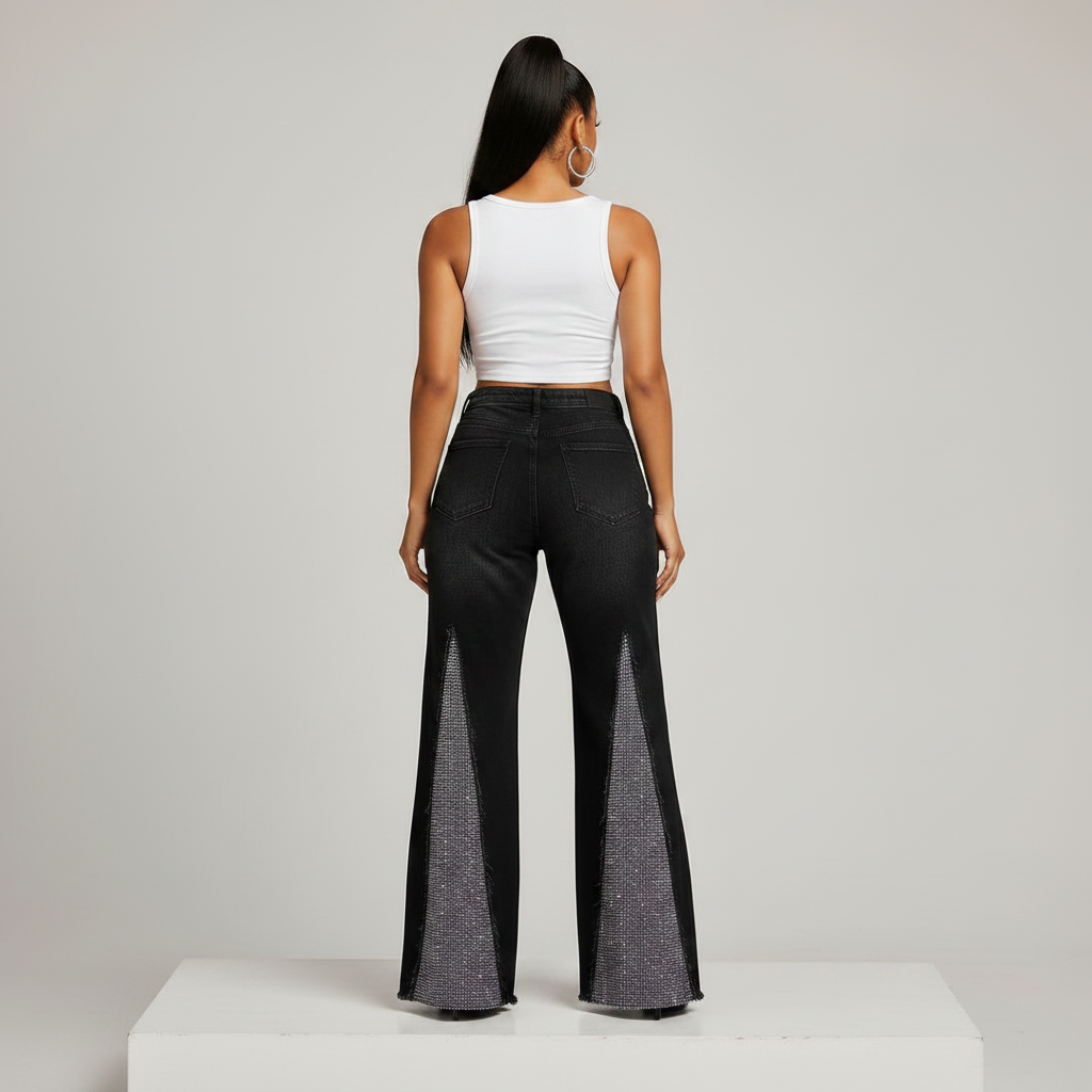 Black Rhinestone Side Panel Flare Jeans – Model Back