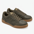 Olive-green lace-up trainer pair with brown gum soles