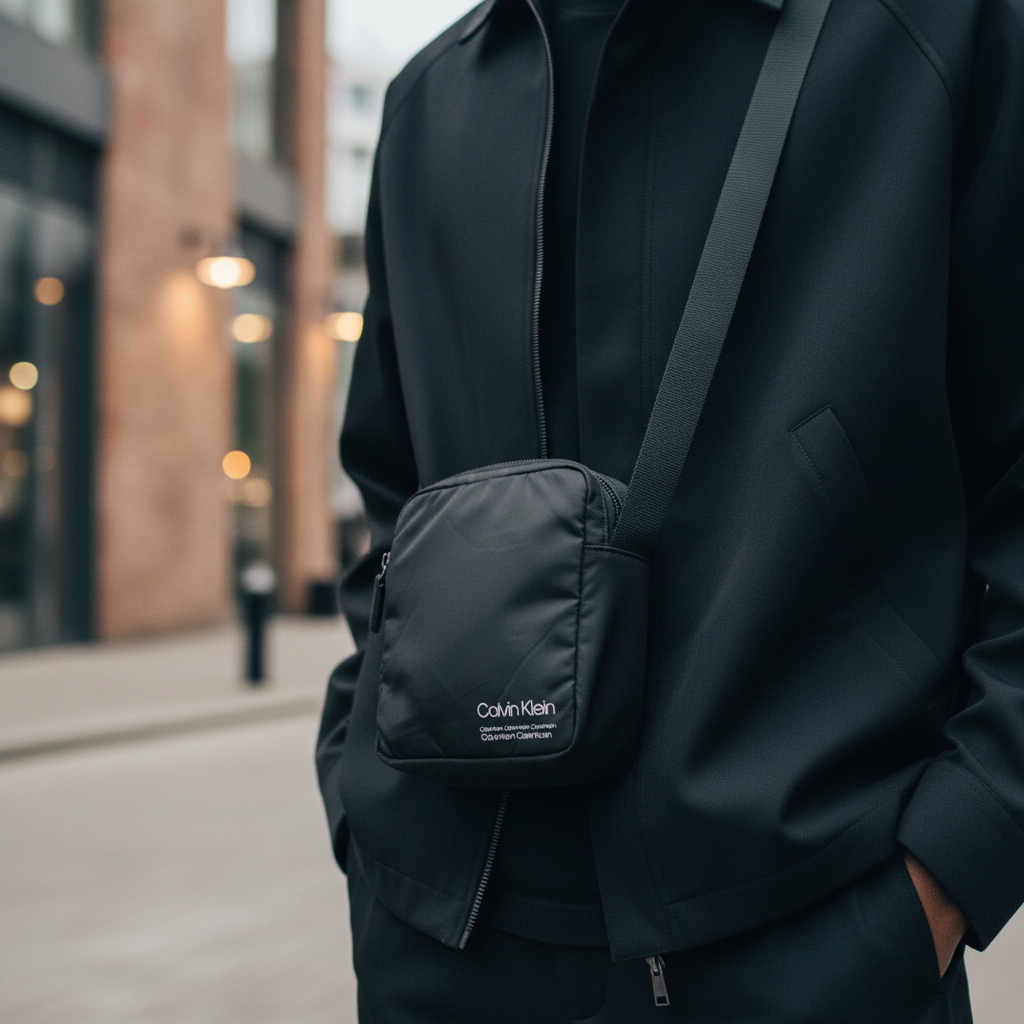 Calvin Klein black mini crossbody bag worn by Black Nigerian model urban setting