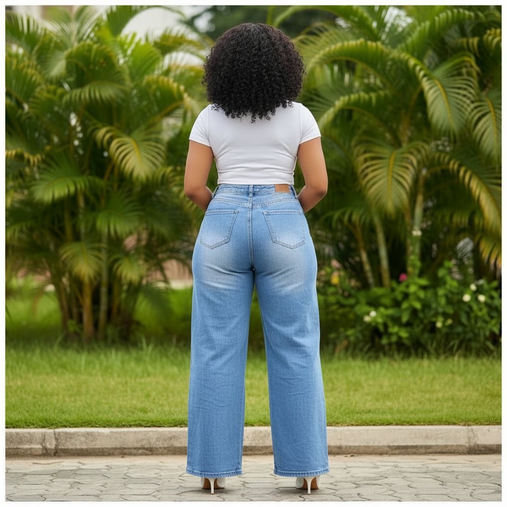 Nigerian female model wearing blue panel seam wide-leg flare jeans - back view