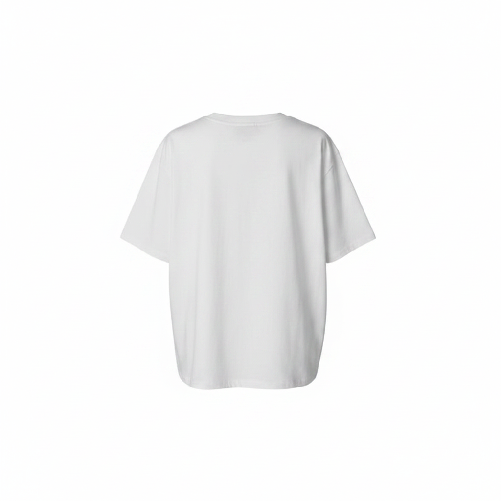 Women's white rhinestone logo graphic oversized tee - ghost mannequin back view