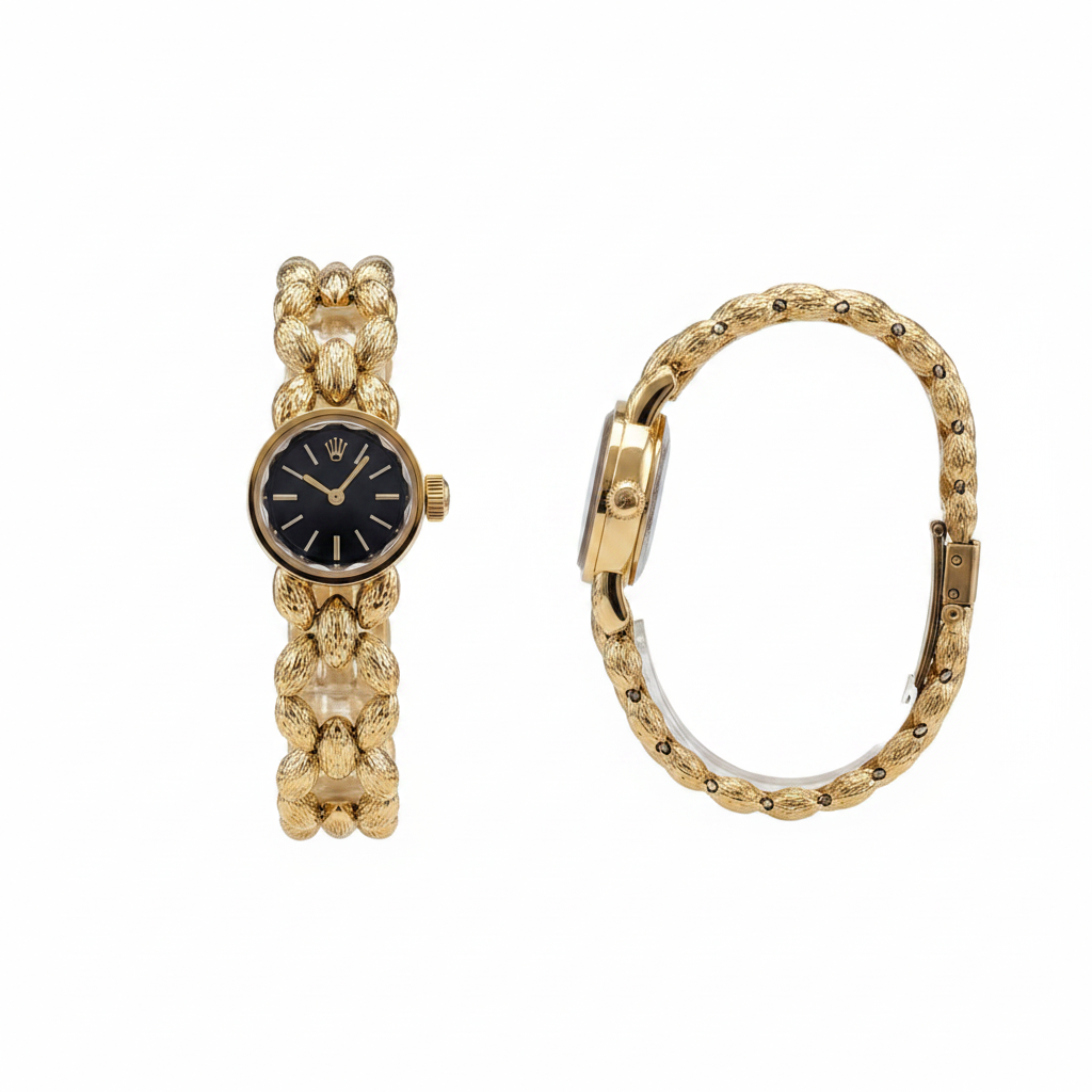 Women's gold chain bracelet black dial wristwatch — ghost mannequin front and side view