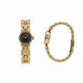 Women's gold chain bracelet black dial wristwatch — ghost mannequin front and side view