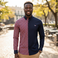 Nigerian male model wearing Navy and Red Plaid Split-Panel Long-Sleeve Button-Down Shirt with Embroidered Dog Motif