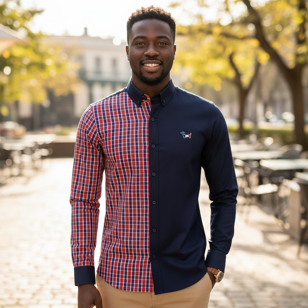 Nigerian male model wearing Navy and Red Plaid Split-Panel Long-Sleeve Button-Down Shirt with Embroidered Dog Motif