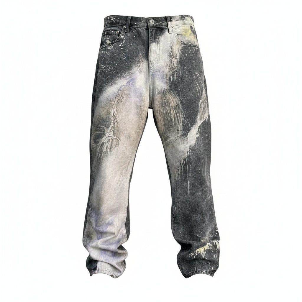 Men's charcoal grey bleach splatter baggy wide-leg denim jeans ghost mannequin front view
