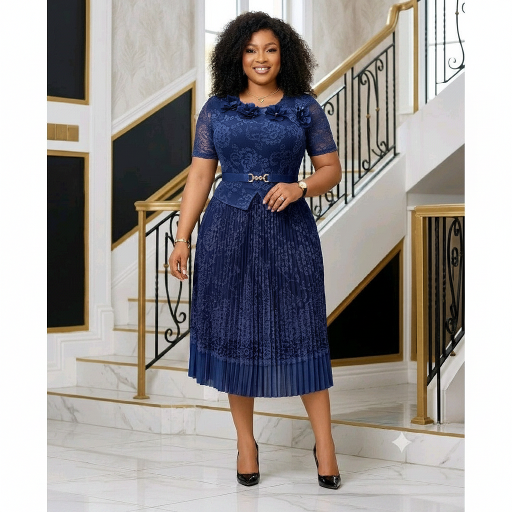 Nigerian woman wearing navy blue lace floral peplum top and pleated midi skirt set