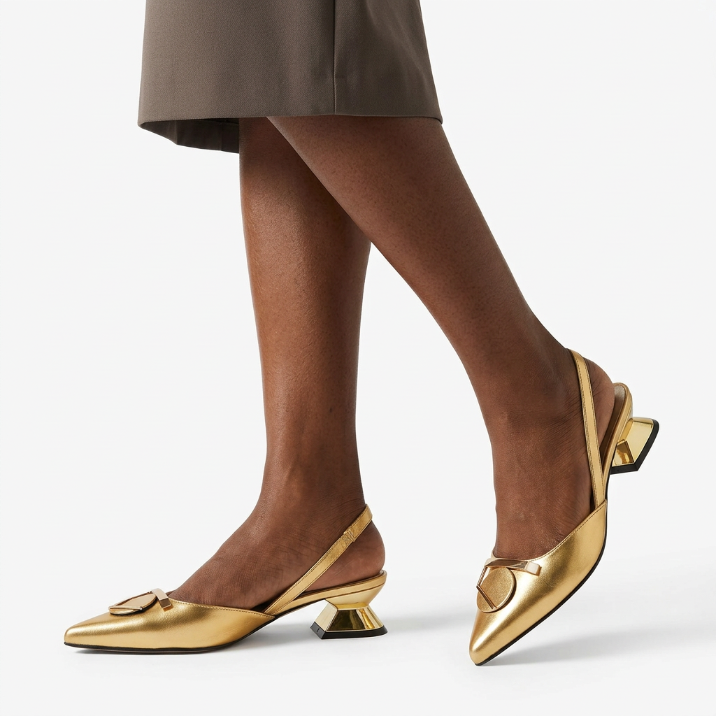 Model wearing gold metallic pointed-toe slingback shoes with sculpted low heels