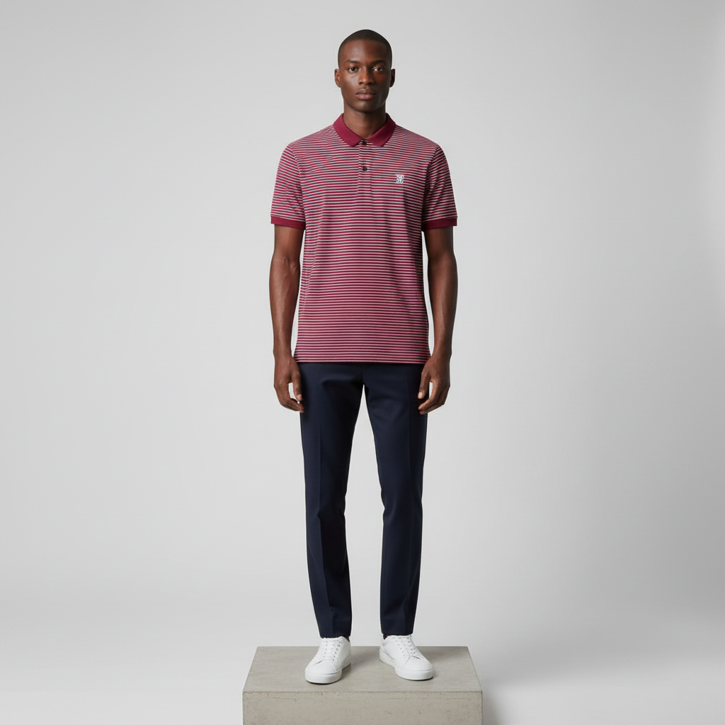 Nigerian male model wearing burgundy striped polo shirt