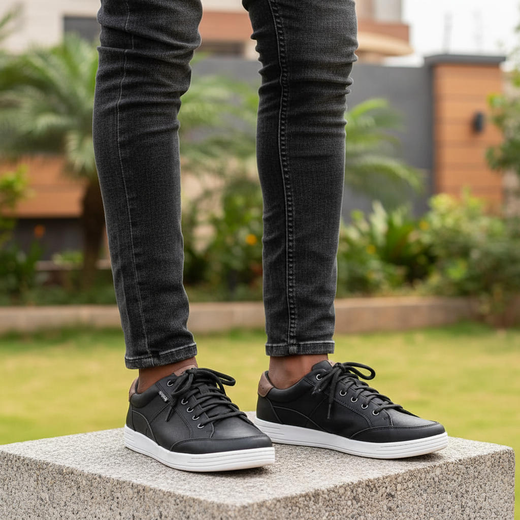 Men's black leather low-top court sneaker with brown trim - Nigerian male model leg focus