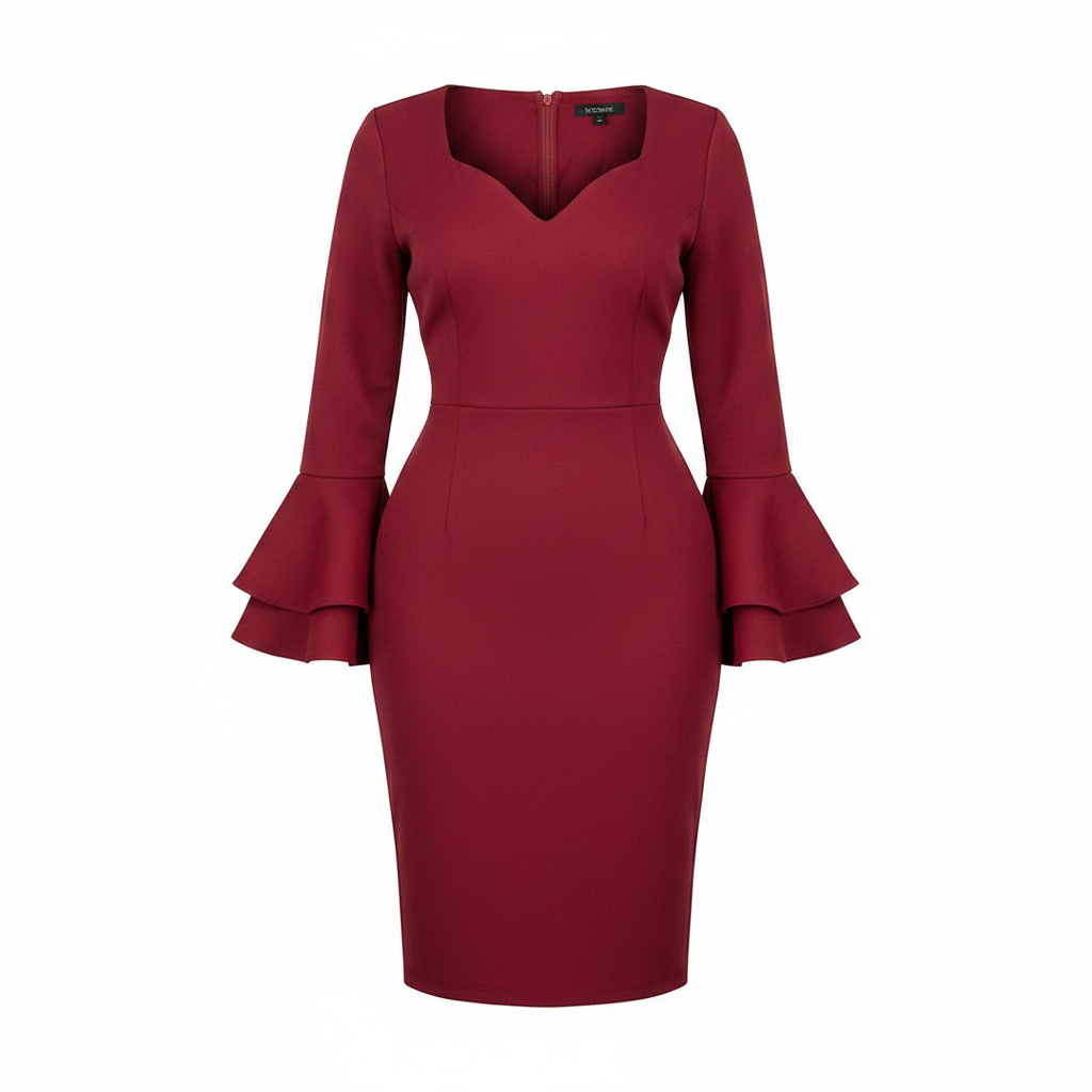 Women's Crimson Red Ruffle Bell-Sleeve Midi Dress – Ghost Mannequin Front View