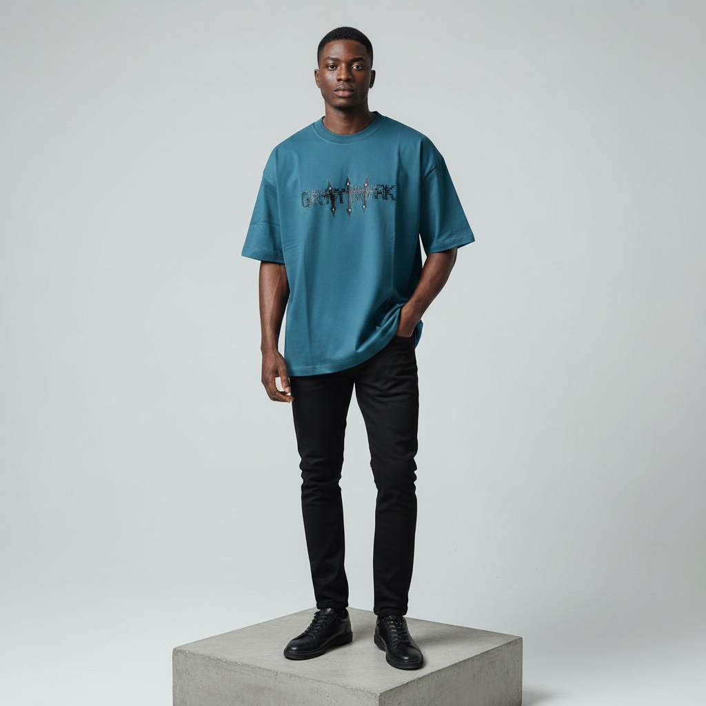 Teal Blue Grimmark Gothic Graphic Oversized Tee - Model Front
