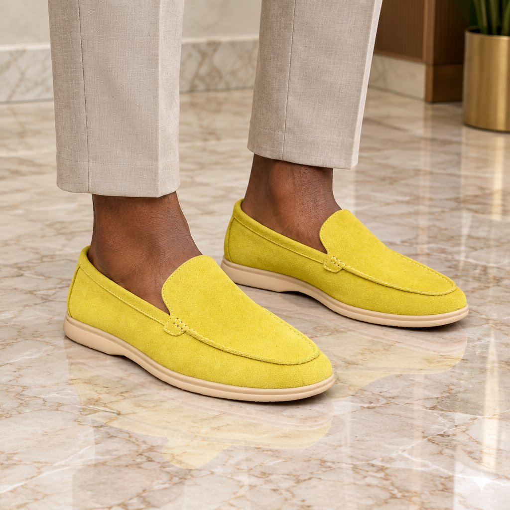 A Nigerian man wearing both yellow suede loafers on a marble floor