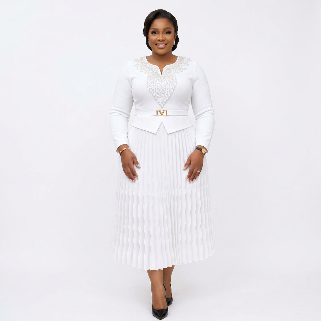 Black adult model wearing a white embellished tiered pleated midi gown
