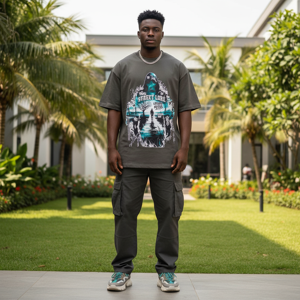 Nigerian male model wearing charcoal street lore urban myths graphic oversized tee – front view