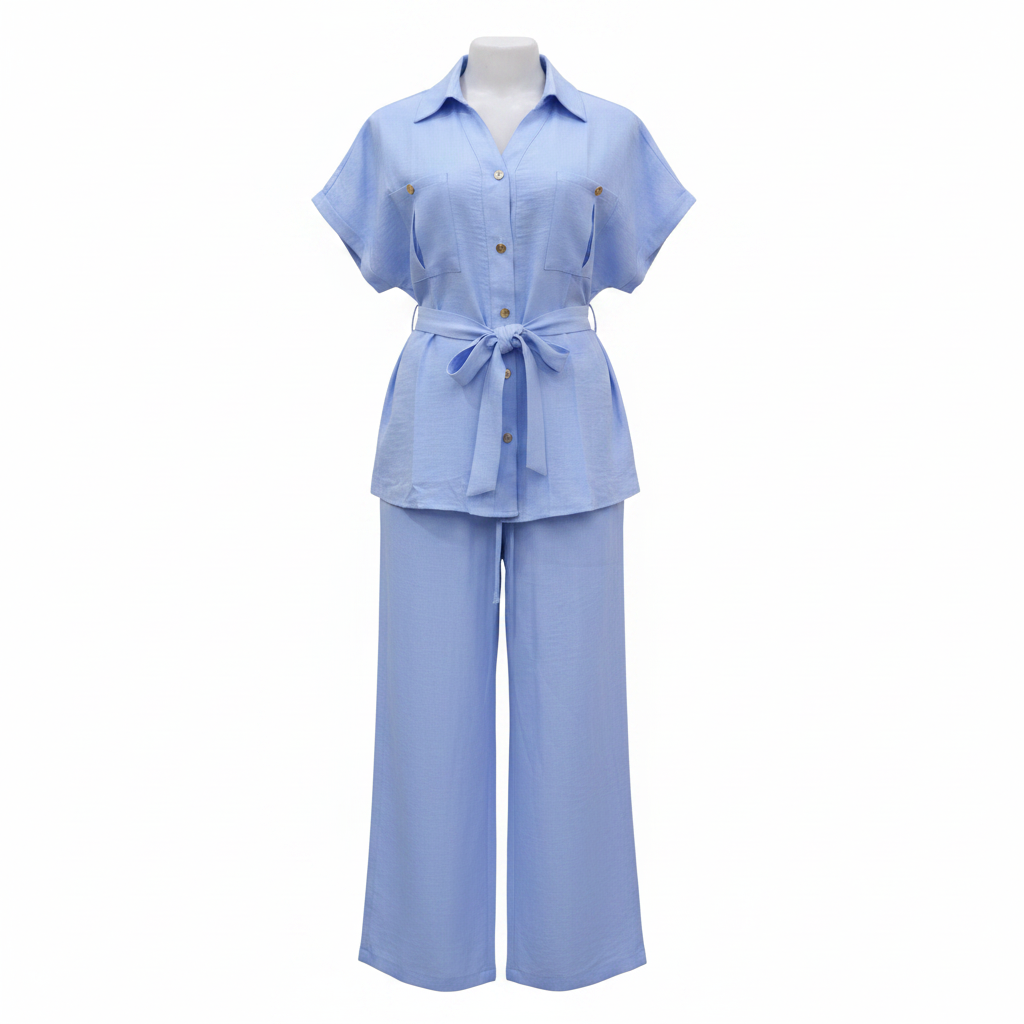 Ghost mannequin front view of sky blue linen co-ord shirt and trouser set