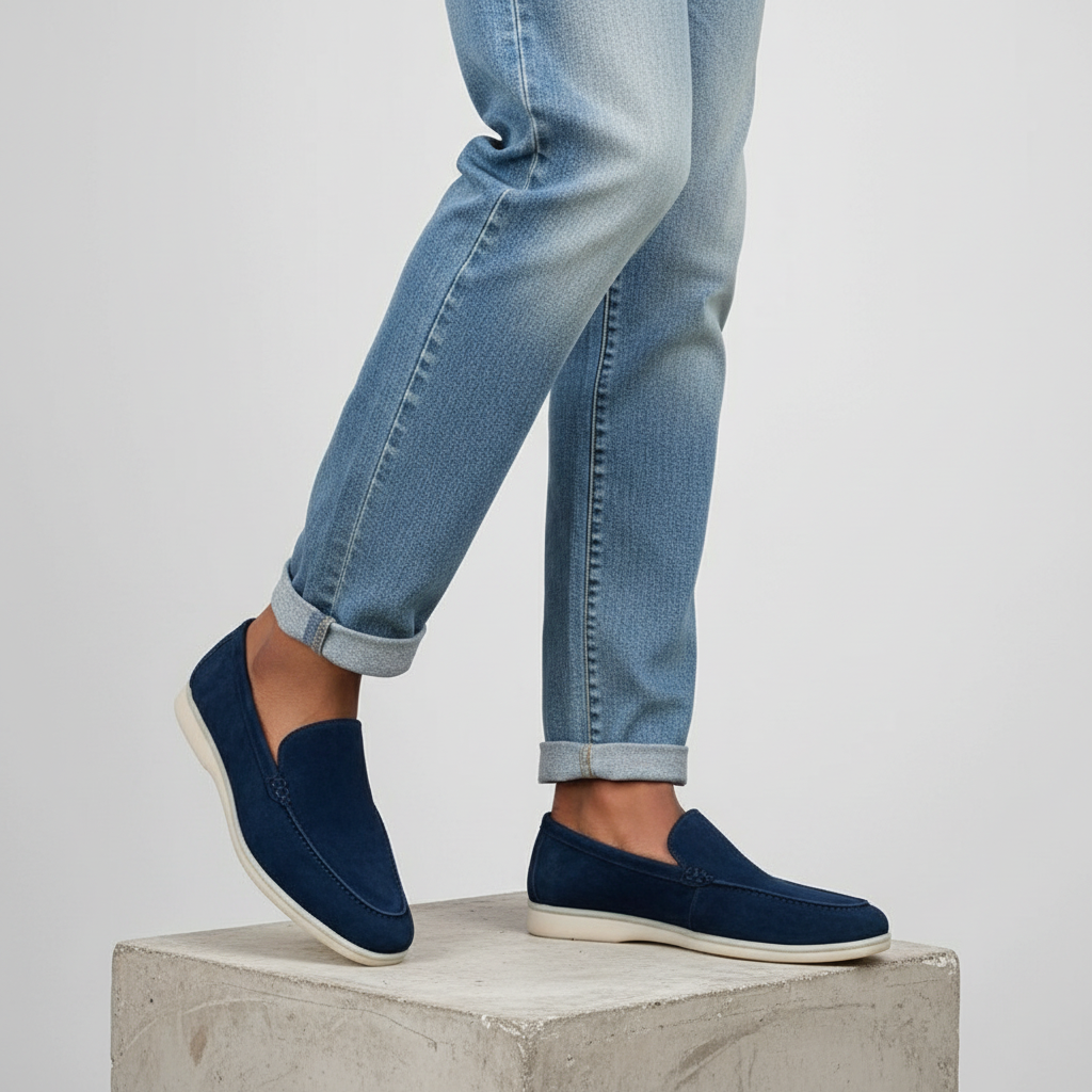 Leg-focused shot of navy blue suede slip-on loafers worn on both feet, Gen Z street style