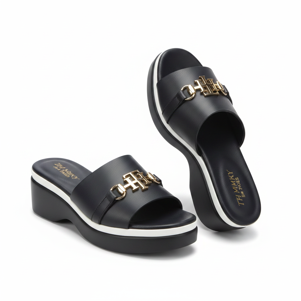 Navy leather TH logo platform wedge slide mule pair ghost mannequin product shot showing thick black wedge sole with white stripe, plain white background