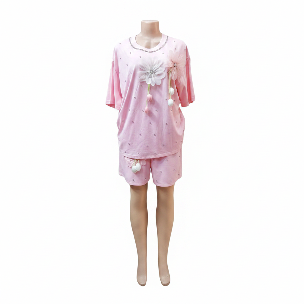 Ghost mannequin front view - pink daisy appliqué rhinestone top and shorts set