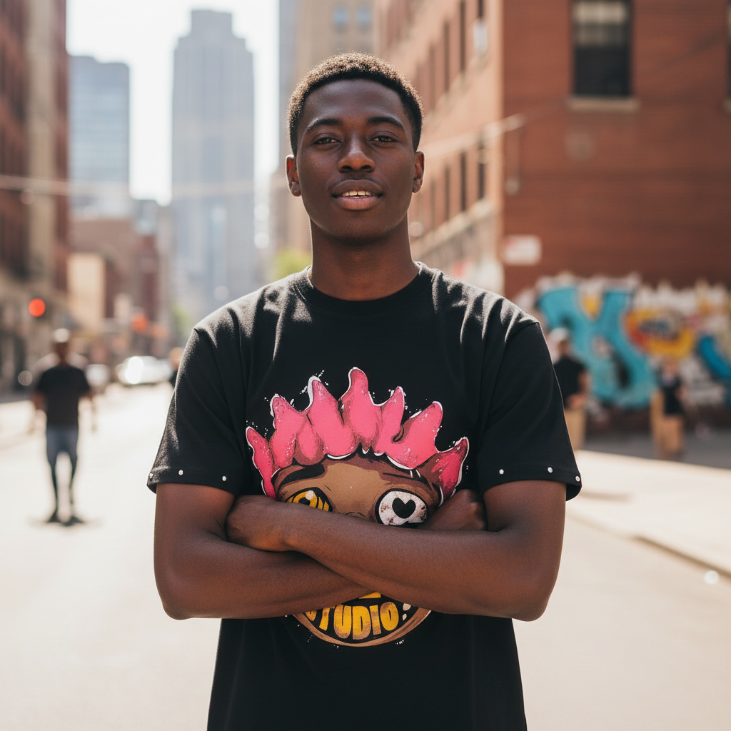 Young Nigerian male model wearing Cartoon Graphic Black Tee