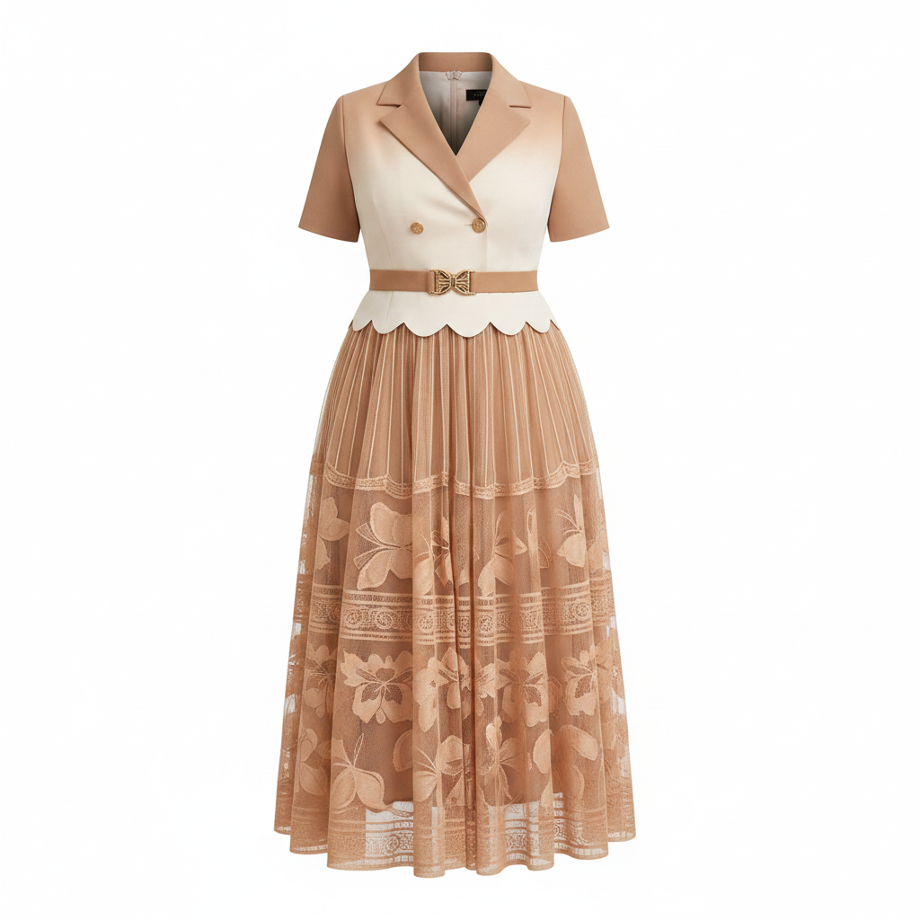 Women's Cream & Camel Blazer Bodice Embroidered Tiered Midi Gown - Ghost Mannequin Front