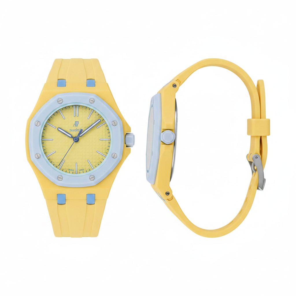 Unisex yellow octagonal pop watch with light blue bezel and cream dial, front and side view