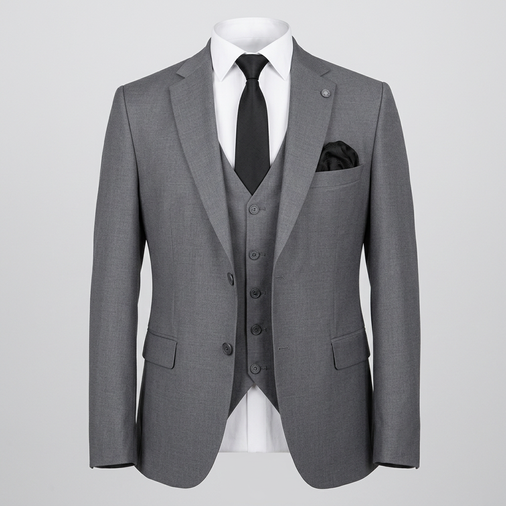 Grey notch-lapel suit jacket and waistcoat in ghost mannequin styling
