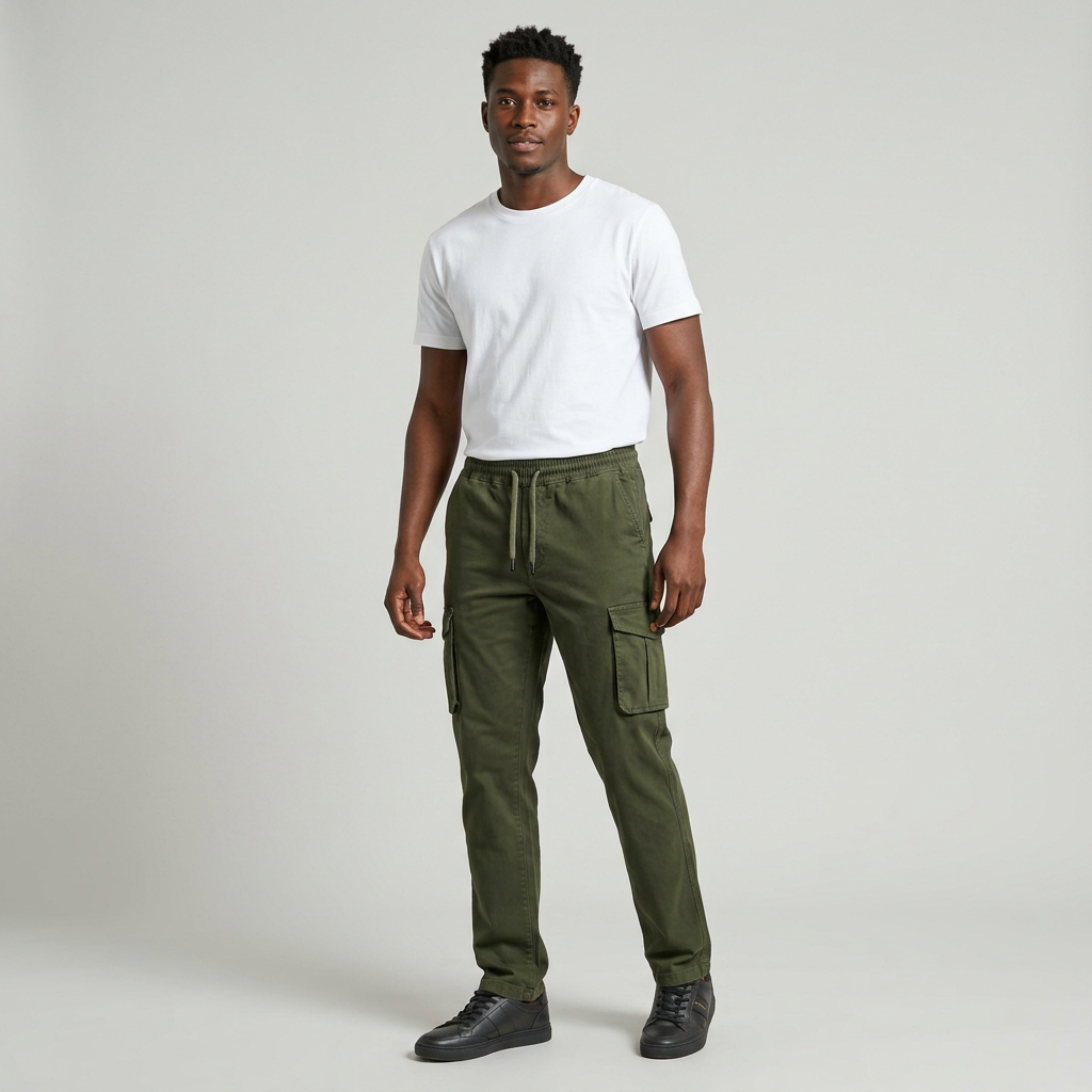 Nigerian man wearing olive flap-pocket cargo trousers in a light grey studio