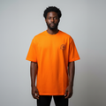 Model wearing orange emblem tee