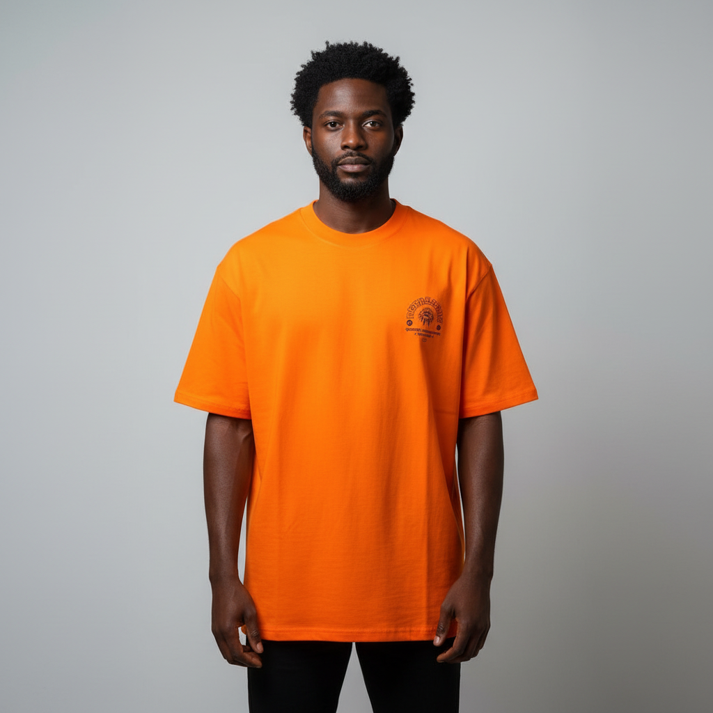 Model wearing orange emblem tee