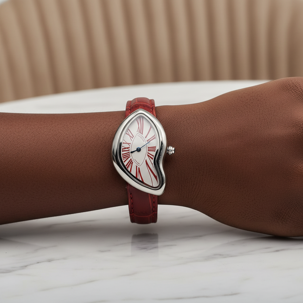 Black Nigerian woman wrist shot wearing asymmetric silver watch with burgundy strap