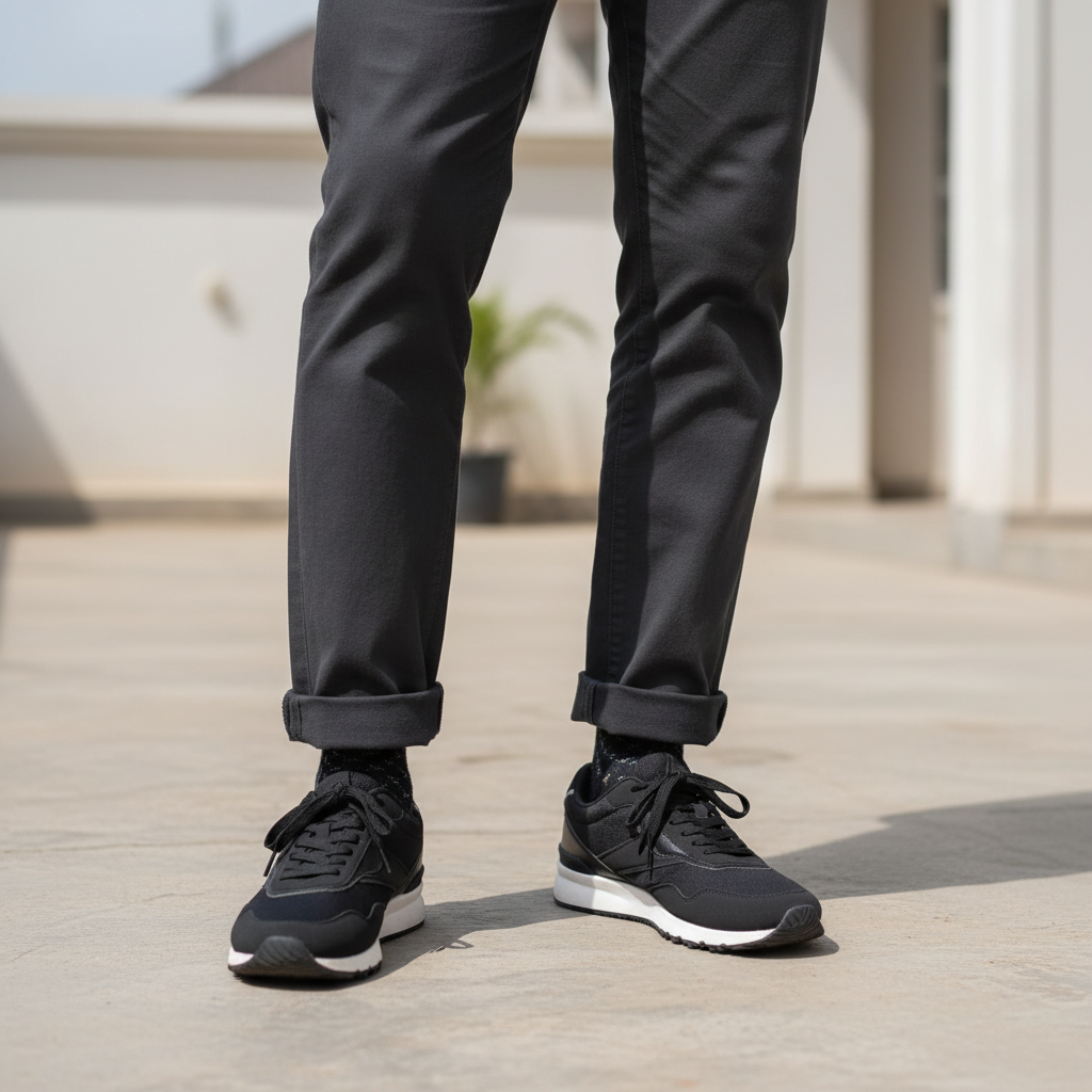Nigerian male model wearing all-black lace-up runner sneakers, Gen Z street style leg shot