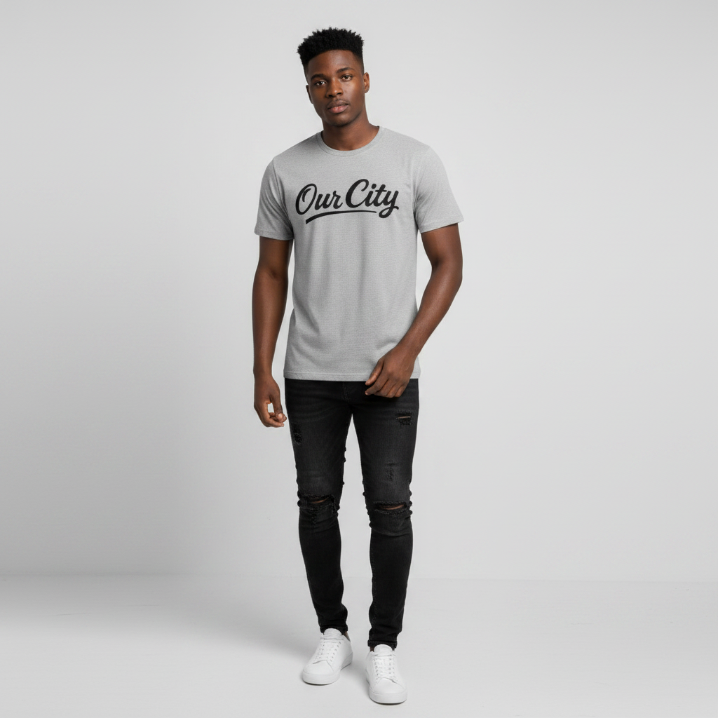 Young Nigerian male wearing light heather grey Our City script graphic crew neck tee
