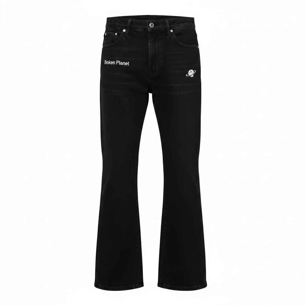 Men's black flared denim jeans with white planet logo and script embroidery, ghost mannequin front view
