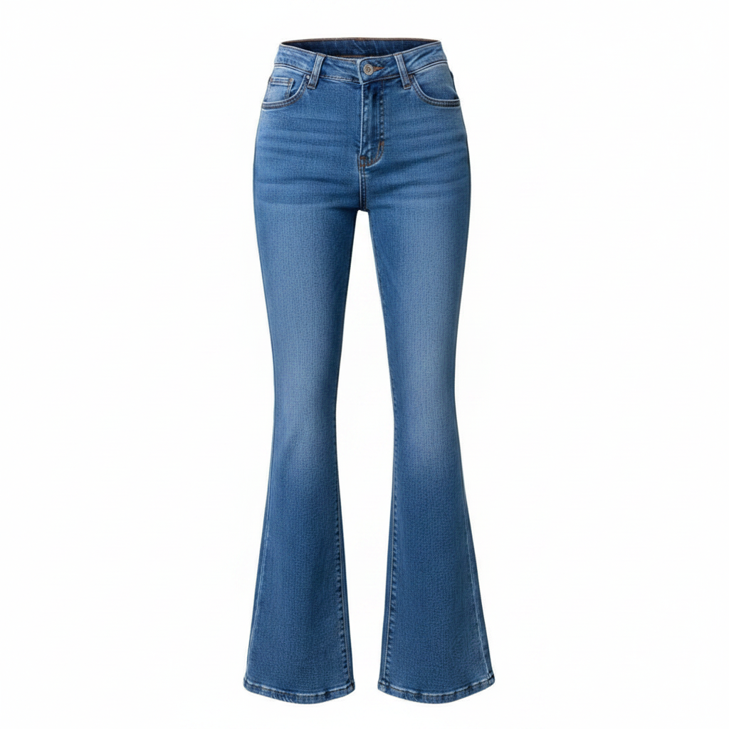 Blue Wash High-Waist Flare Jeans – Ghost Mannequin Front