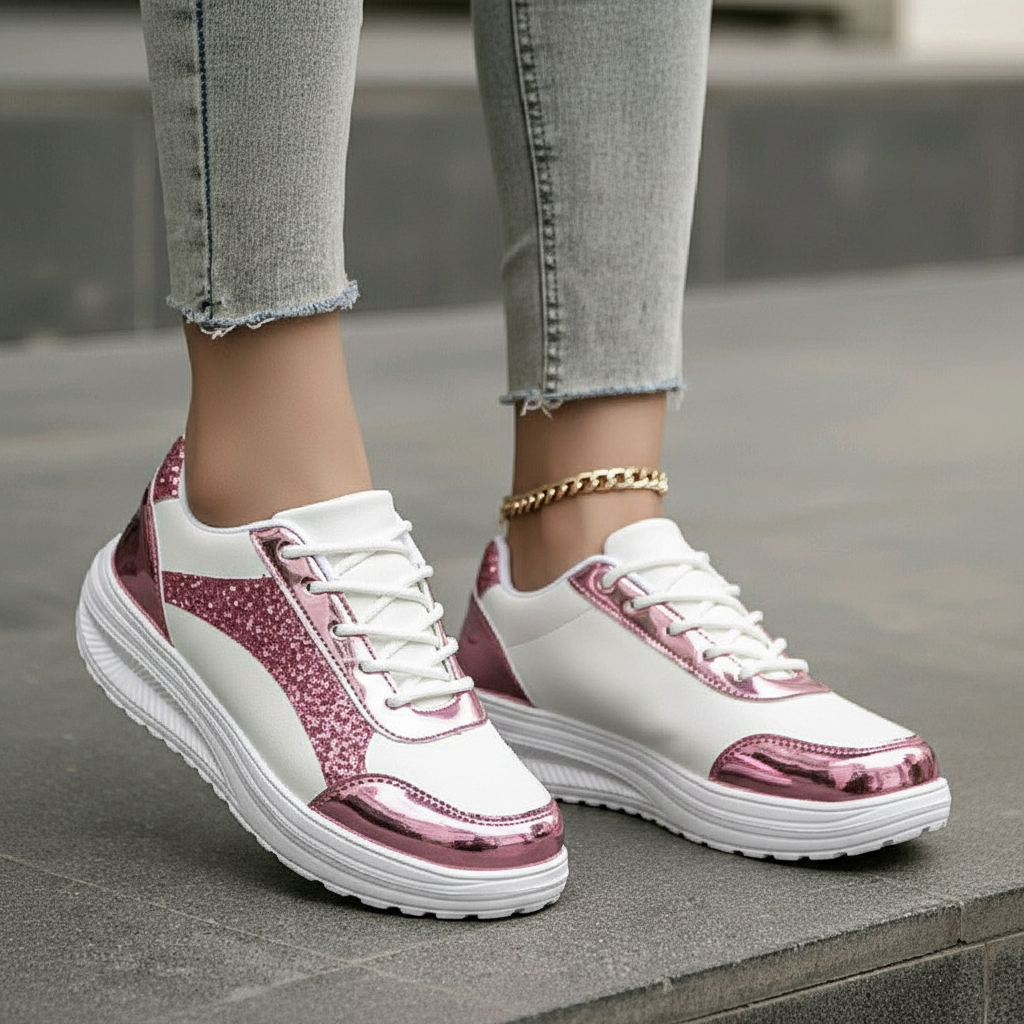 Nigerian female model leg focus wearing pink glitter platform sneakers