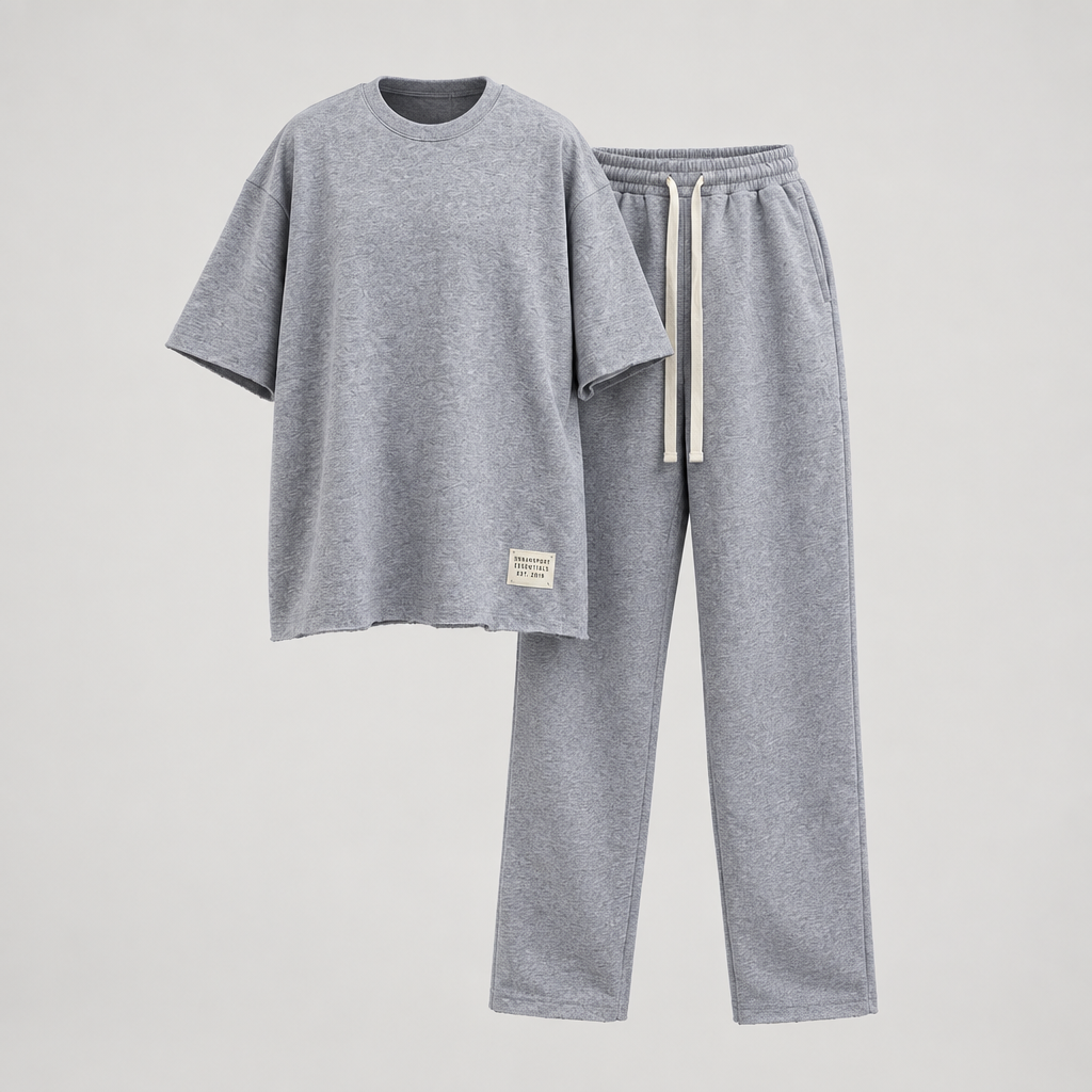 Heather grey oversized t-shirt and jogger tracksuit set, ghost mannequin front view