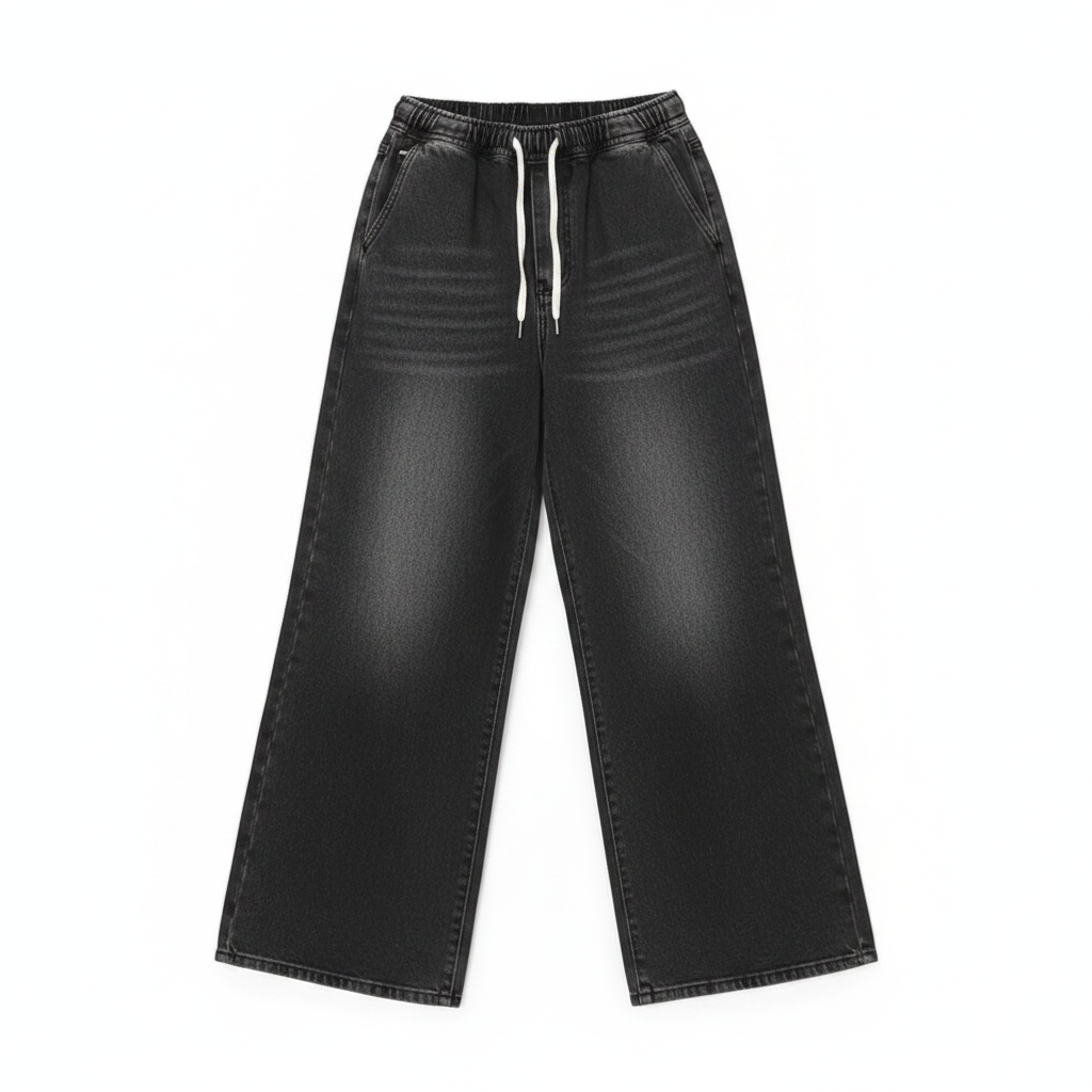 Men's Washed Black Drawstring Wide-Leg Denim Jeans - Ghost Mannequin