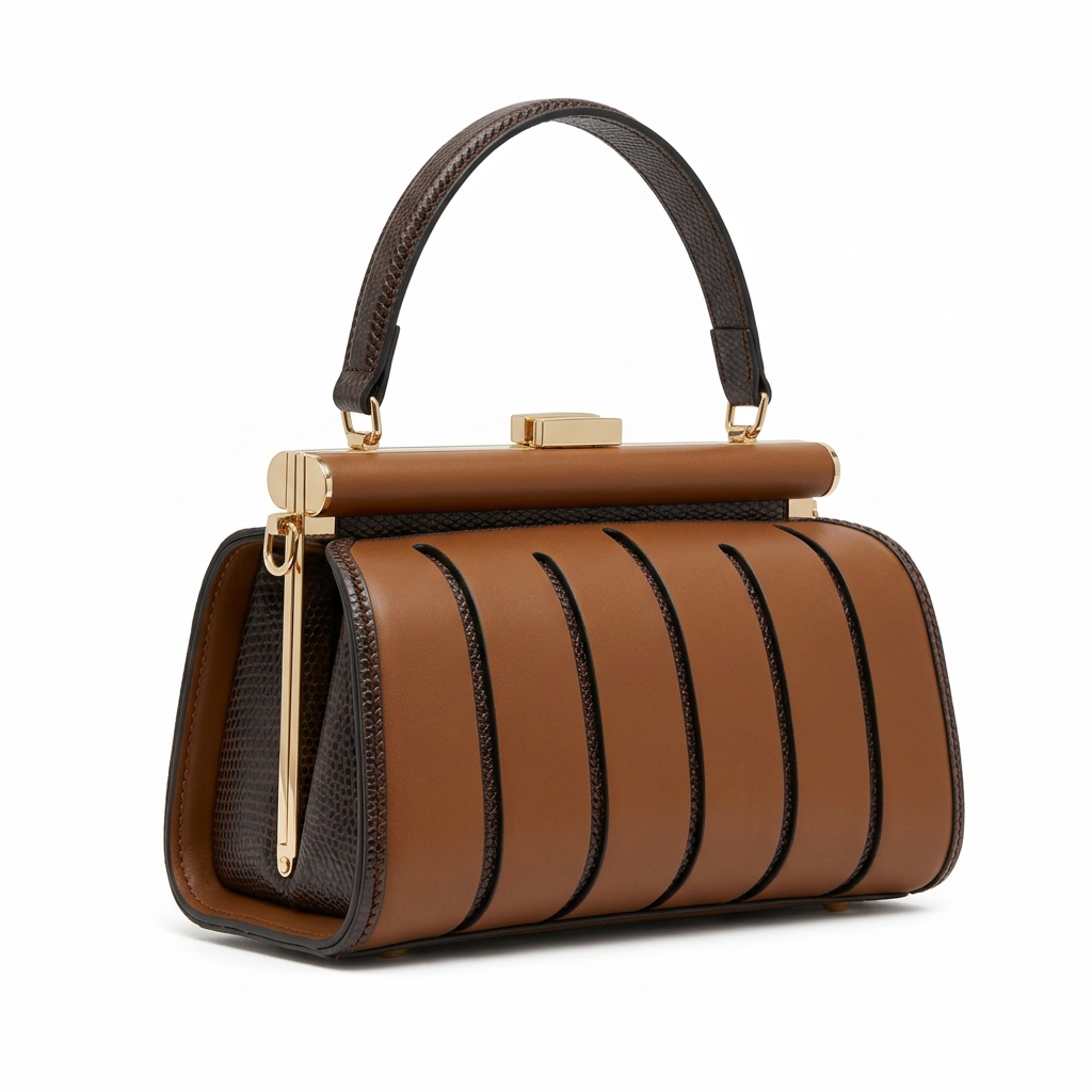Cognac sculpted-panel top-handle bag with dark braided trim on white background
