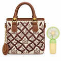 Brown-and-cream lattice handbag with mini hand fan on white background